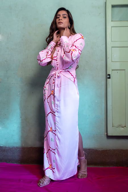 Shop_Amrood_Pink Satin Embroidery Round Neck Floral Jaal Pattern Slit Dress _Online_at_Aza_Fashions