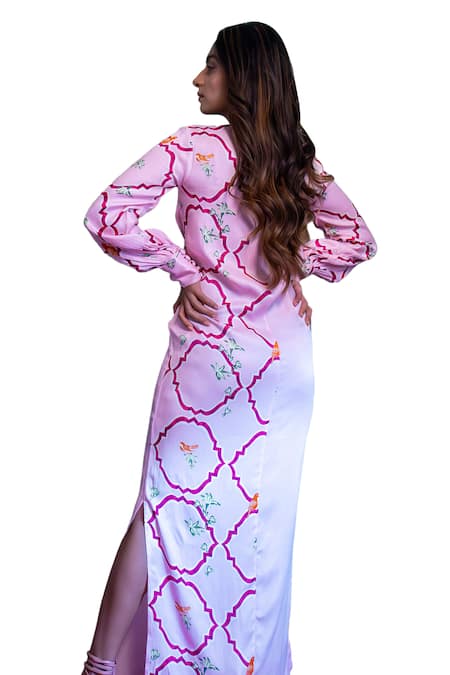 Amrood_Pink Satin Embroidery Round Neck Floral Jaal Pattern Slit Dress _at_Aza_Fashions
