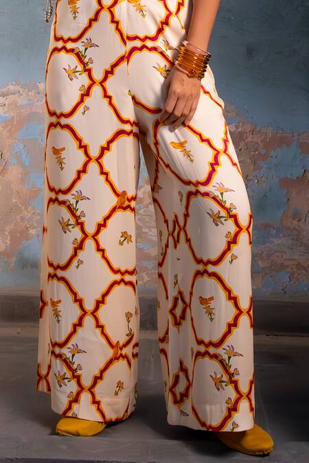 Amrood_Yellow Satin Embroidery Collared Floral Jaal Shirt And Pant Set _at_Aza_Fashions