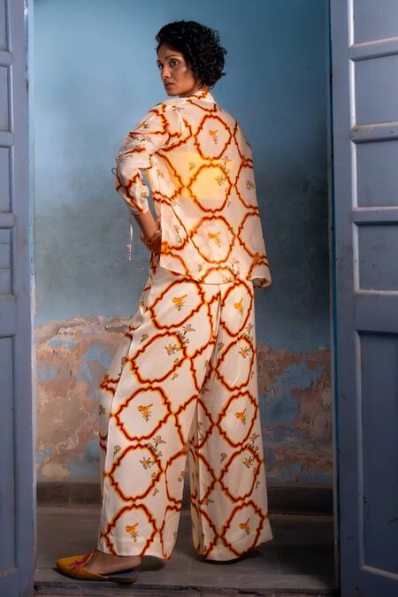 Shop_Amrood_Yellow Satin Embroidery Collared Jaal Pattern Shirt _at_Aza_Fashions