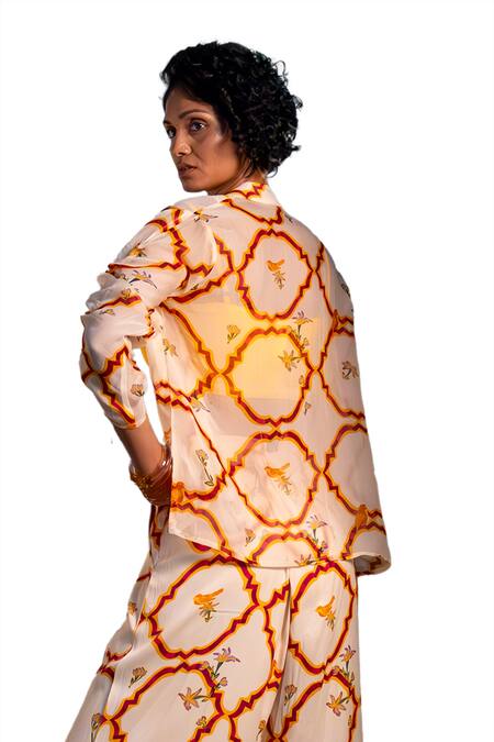 Buy_Amrood_Yellow Satin Embroidery Collared Jaal Pattern Shirt _Online_at_Aza_Fashions