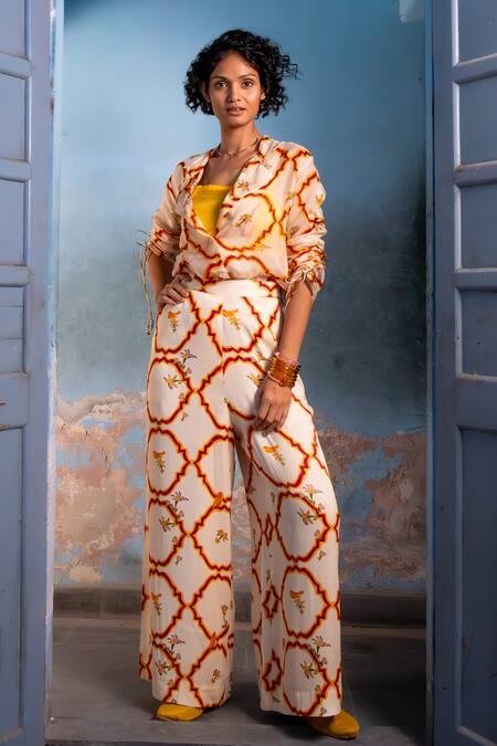 Shop_Amrood_Yellow Satin Embroidery Collared Jaal Pattern Shirt _Online_at_Aza_Fashions