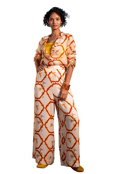 Amrood_Yellow Satin Embroidery Collared Jaal Pattern Shirt _at_Aza_Fashions