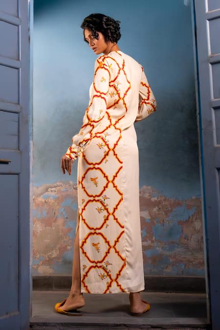 Shop_Amrood_Yellow Satin Embroidery Round Neck Jaal Pattern Slit Dress _at_Aza_Fashions