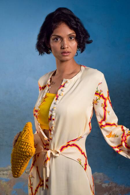 Amrood_Yellow Satin Embroidery Round Neck Jaal Pattern Slit Dress _Online_at_Aza_Fashions