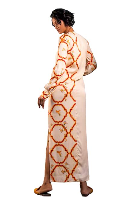 Buy_Amrood_Yellow Satin Embroidery Round Neck Jaal Pattern Slit Dress _Online_at_Aza_Fashions
