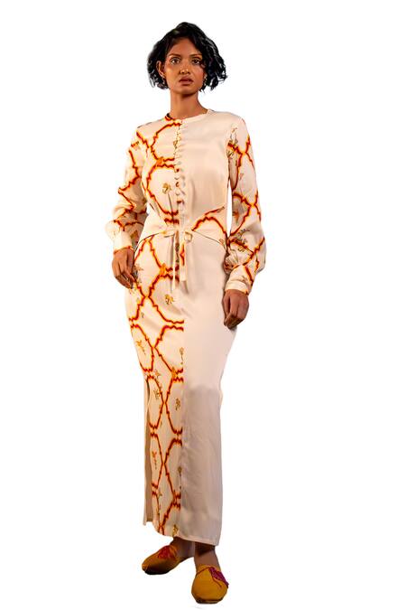 Shop_Amrood_Yellow Satin Embroidery Round Neck Jaal Pattern Slit Dress _Online_at_Aza_Fashions