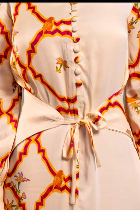 Amrood_Yellow Satin Embroidery Round Neck Jaal Pattern Slit Dress _at_Aza_Fashions