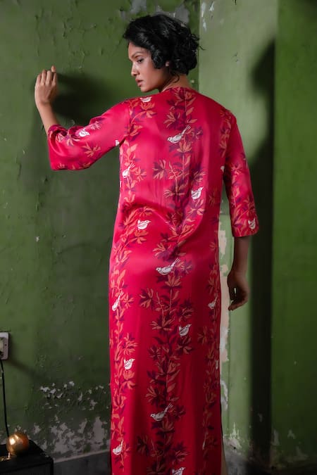 Shop Amrood Pink Satin Embroidery Round Neck Floral Blossom Pattern Slit Dress at Aza Fashions Shop_Amrood_Pink Satin Embroidery Round Neck Floral Blossom Pattern Slit Dress _at_Aza_Fashions