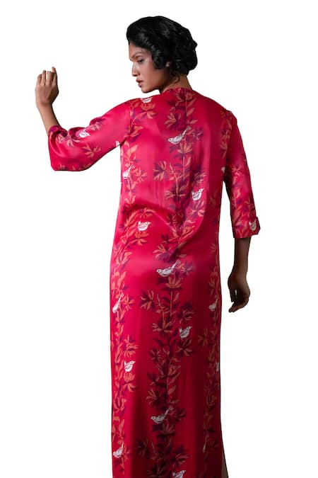 Amrood Pink Satin Embroidery Round Neck Floral Blossom Pattern Slit Dress Online at Aza Fashions Amrood_Pink Satin Embroidery Round Neck Floral Blossom Pattern Slit Dress _Online_at_Aza_Fashions