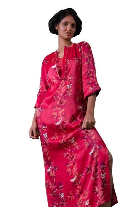 Buy Amrood Pink Satin Embroidery Round Neck Floral Blossom Pattern Slit Dress Online at Aza Fashions Buy_Amrood_Pink Satin Embroidery Round Neck Floral Blossom Pattern Slit Dress _Online_at_Aza_Fashions
