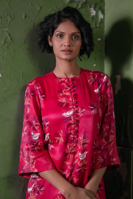 Shop Amrood Pink Satin Embroidery Round Neck Floral Blossom Pattern Slit Dress Online at Aza Fashions Shop_Amrood_Pink Satin Embroidery Round Neck Floral Blossom Pattern Slit Dress _Online_at_Aza_Fashions