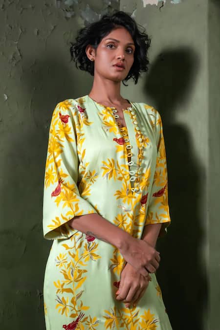 Shop_Amrood_Green Satin Embroidery Round Neck Floral Pattern Slit Dress _at_Aza_Fashions