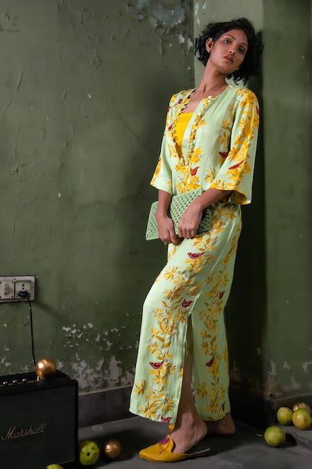 Amrood_Green Satin Embroidery Round Neck Floral Pattern Slit Dress _Online_at_Aza_Fashions