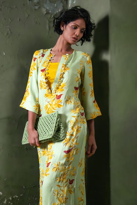 Buy_Amrood_Green Satin Embroidery Round Neck Floral Pattern Slit Dress _Online_at_Aza_Fashions