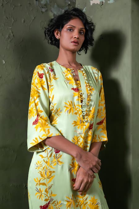 Shop_Amrood_Green Satin Embroidery Round Neck Floral Pattern Slit Dress _Online_at_Aza_Fashions