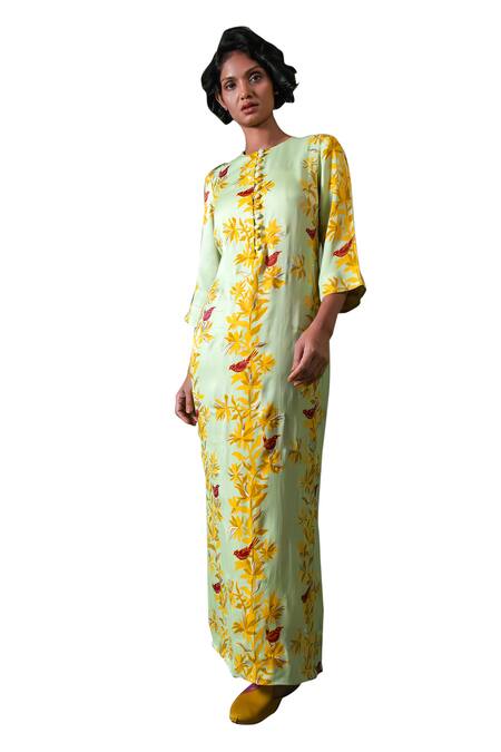 Amrood_Green Satin Embroidery Round Neck Floral Pattern Slit Dress _at_Aza_Fashions
