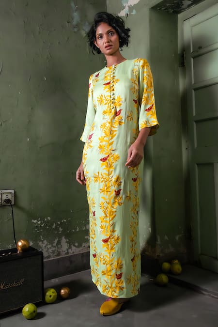 Buy_Amrood_Green Satin Embroidery Round Neck Floral Pattern Slit Dress 