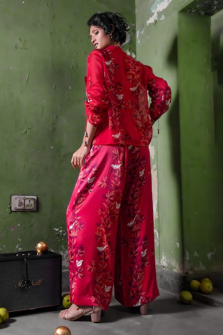 Shop Amrood Pink Satin Embroidery Collared Floral Blossom Pattern Shirt Pant Set at Aza Fashions Shop_Amrood_Pink Satin Embroidery Collared Floral Blossom Pattern Shirt Pant Set _at_Aza_Fashions