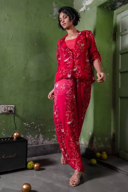 Amrood Pink Satin Embroidery Collared Floral Blossom Pattern Shirt Pant Set at Aza Fashions Amrood_Pink Satin Embroidery Collared Floral Blossom Pattern Shirt Pant Set _at_Aza_Fashions