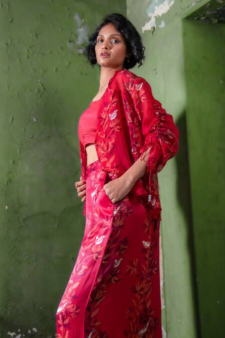 Buy Amrood Pink Satin Embroidery Collared Floral Blossom Pattern Shirt Pant Set Buy_Amrood_Pink Satin Embroidery Collared Floral Blossom Pattern Shirt Pant Set