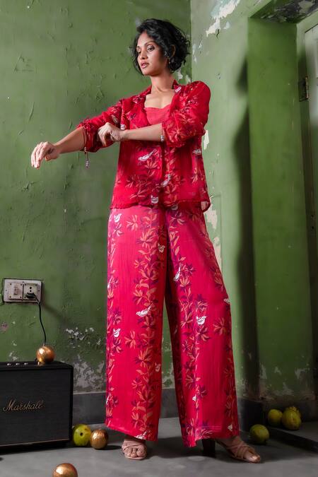 Amrood_Pink Satin Embroidery Collared Floral Blossom Pattern Shirt _Online_at_Aza_Fashions