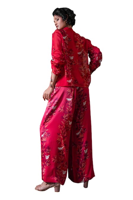 Buy_Amrood_Pink Satin Embroidery Collared Floral Blossom Pattern Shirt _Online_at_Aza_Fashions