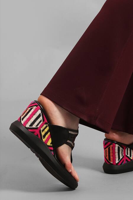 Kolha_Black Cut Work Kolhapuri Wedges_Online_at_Aza_Fashions