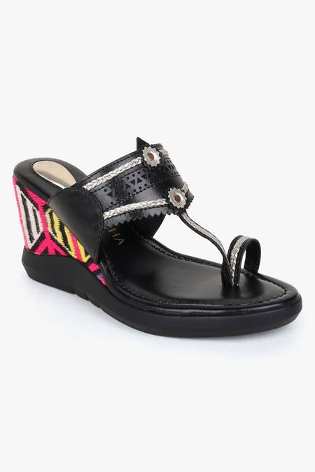 Shop_Kolha_Black Cut Work Kolhapuri Wedges_Online_at_Aza_Fashions