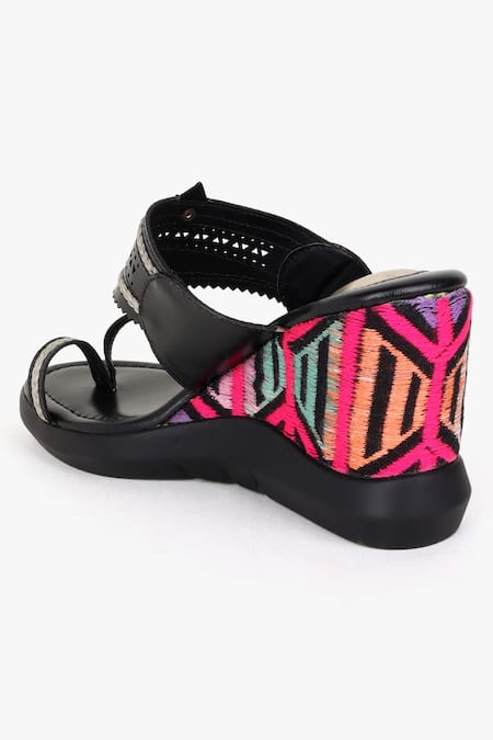 Kolha_Black Cut Work Kolhapuri Wedges_at_Aza_Fashions