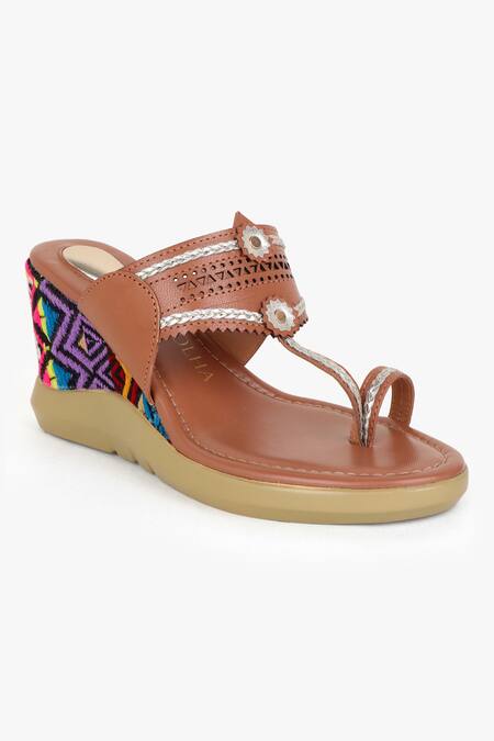 Buy_Kolha_Brown Cut Work Kolhapuri Wedges_Online_at_Aza_Fashions