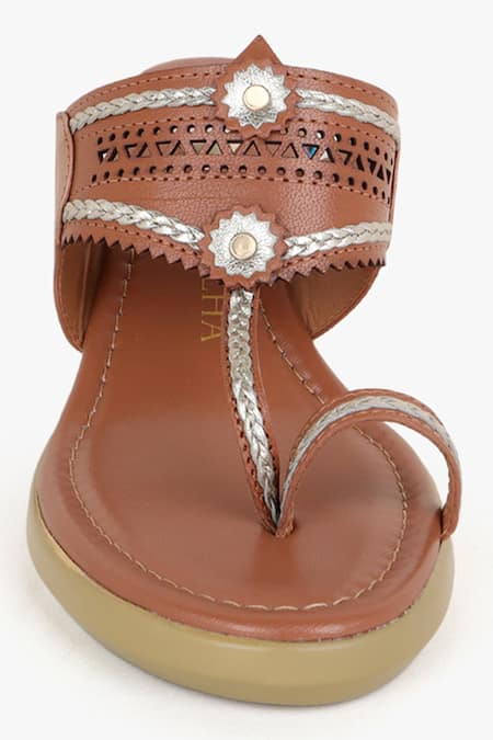 Kolha_Brown Cut Work Kolhapuri Wedges_at_Aza_Fashions