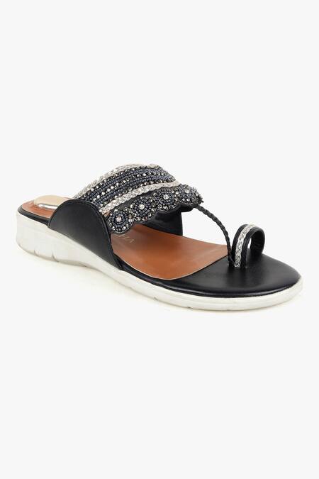 Kolha_Black Aanya Bead And Sequin Embroidered Flats_at_Aza_Fashions