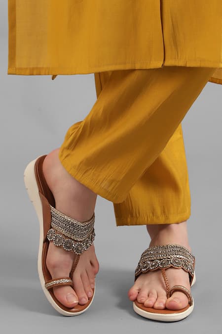 Kolha_Gold Aanya Leather Kolhapuri Flats_Online_at_Aza_Fashions