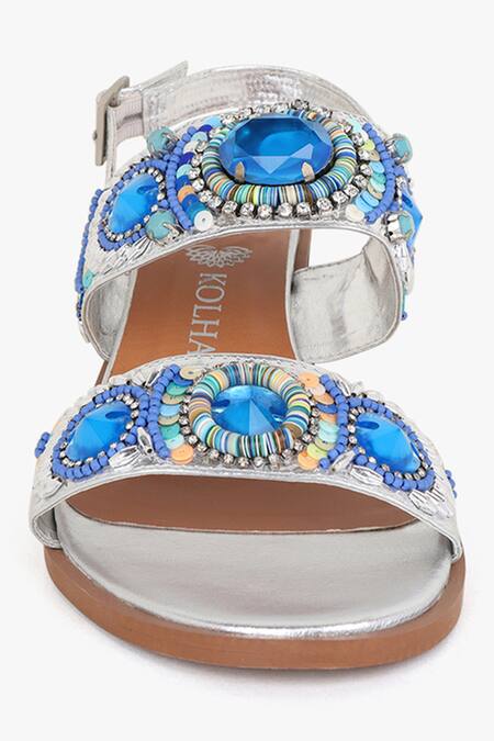 Buy Kolha Silver Beads, Sequins Aafreen Leather Embroidered Sandals Online at Aza Fashions Buy_Kolha_Silver Beads, Sequins Aafreen Leather Embroidered Sandals_Online_at_Aza_Fashions