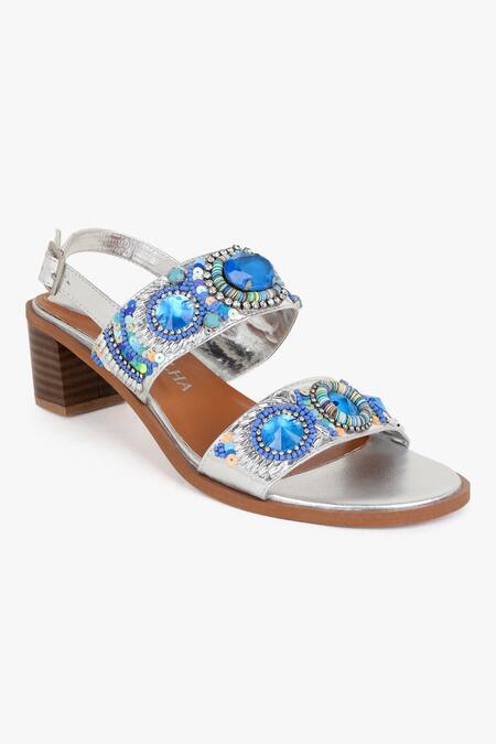 Shop Kolha Silver Beads, Sequins Aafreen Leather Embroidered Sandals Shop_Kolha_Silver Beads, Sequins Aafreen Leather Embroidered Sandals