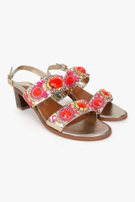 KOLHA Orange Aafreen Leather Bead And Sequin Embroidered Sandals 