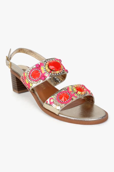 Shop Kolha Orange Beads, Sequins Aafreen Leather And Embroidered Sandals Shop_Kolha_Orange Beads, Sequins Aafreen Leather And Embroidered Sandals