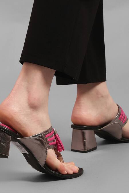 Kolha_Fuchsia Tassels Aadya Leather Braided Kolhapuri Heels_Online_at_Aza_Fashions