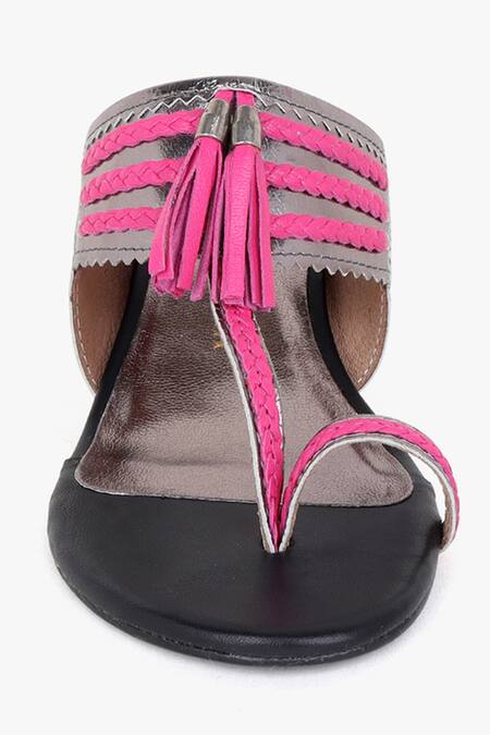 Shop_Kolha_Fuchsia Tassels Aadya Leather Braided Kolhapuri Heels_Online_at_Aza_Fashions