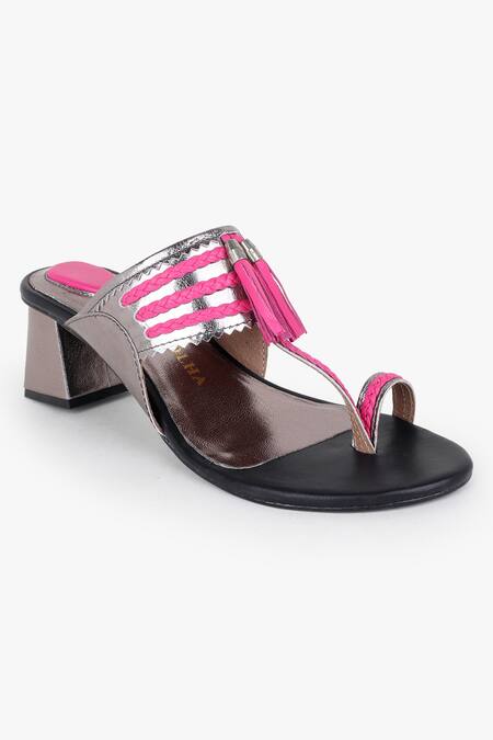 Kolha_Fuchsia Tassels Aadya Leather Braided Kolhapuri Heels_at_Aza_Fashions