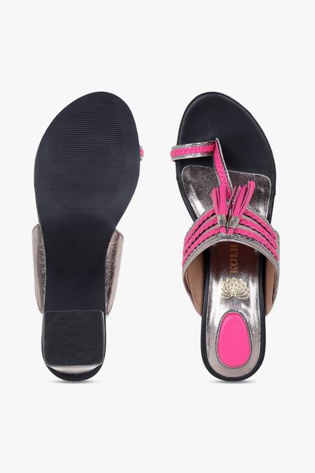 Shop_Kolha_Fuchsia Tassels Aadya Leather Braided Kolhapuri Heels