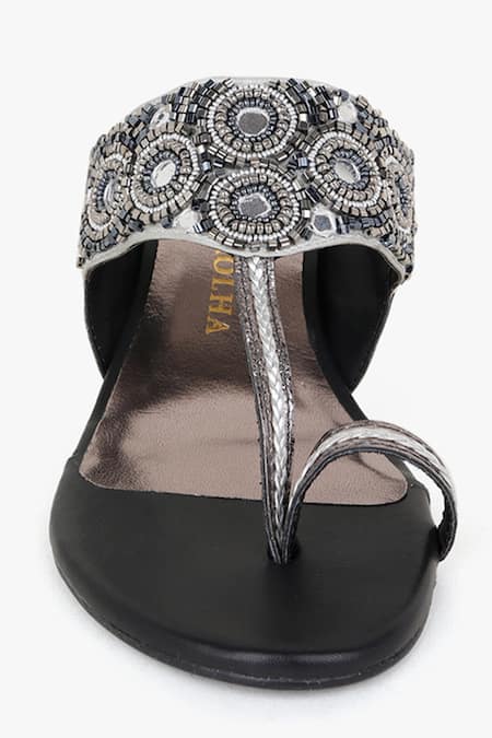Kolha_Black Beads, Cut Work And Cutdana Embroidered Kolhapuri Heels_Online_at_Aza_Fashions