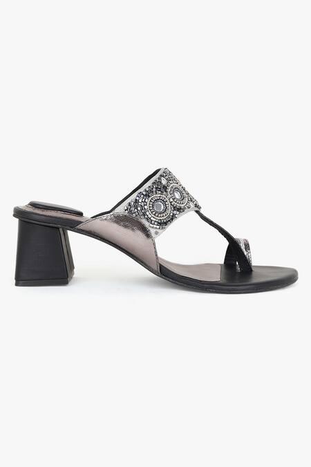 Shop_Kolha_Black Beads, Cut Work And Cutdana Embroidered Kolhapuri Heels_Online_at_Aza_Fashions