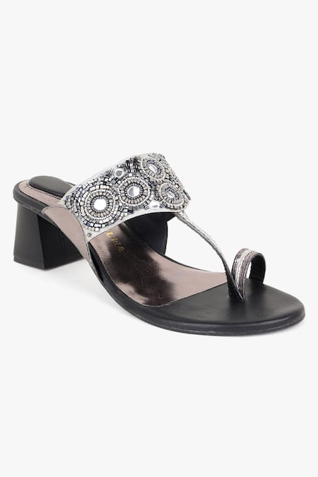 Kolha_Black Beads, Cut Work And Cutdana Embroidered Kolhapuri Heels_at_Aza_Fashions