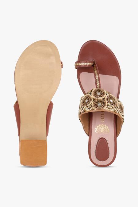 Shop Kolha Gold Beads, Cut Work Cutdana And Embroidered Kolhapuri Heels Shop_Kolha_Gold Beads, Cut Work Cutdana And Embroidered Kolhapuri Heels
