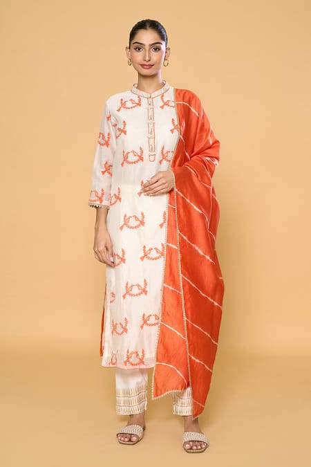 Khwaab by Sanjana Lakhani Off White Kurta Chanderi Printed Block Band Collar Bird Straight Set