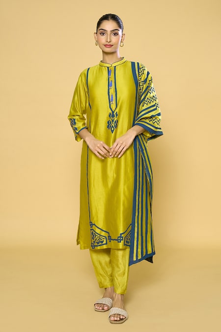 Khwaab by Sanjana Lakhani Yellow Kurta Chanderi Printed Block Contrast Geometric Straight Pant Set