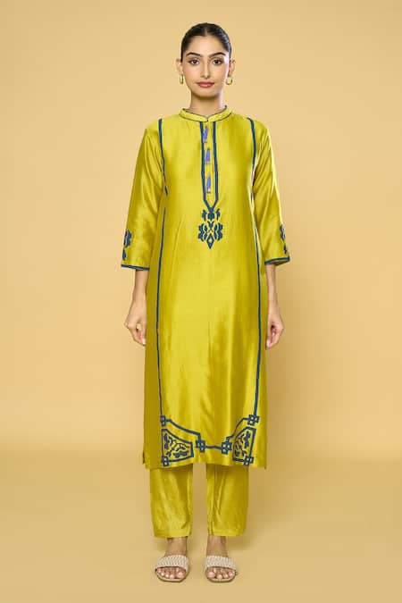 Samyukta Singhania Yellow Chanderi, Cotton, Silk Contrast Geometric Print Straight Kurta Pant Set Online at Aza Fashions Samyukta Singhania_Yellow Chanderi, Cotton, Silk Contrast Geometric Print Straight Kurta Pant Set _Online_at_Aza_Fashions