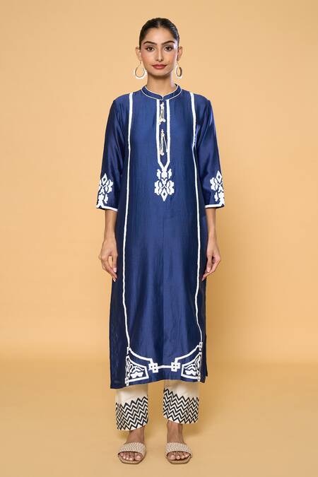 Samyukta Singhania Blue Chanderi, Cotton, Silk Beads Contrast Geometric Print Kurta Pant Set Online at Aza Fashions Samyukta Singhania_Blue Chanderi, Cotton, Silk Beads Contrast Geometric Print Kurta Pant Set _Online_at_Aza_Fashions